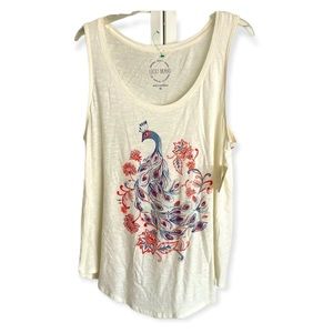 NWT LUCKY BRAND Cream Tank Top with Peacock, Size XL